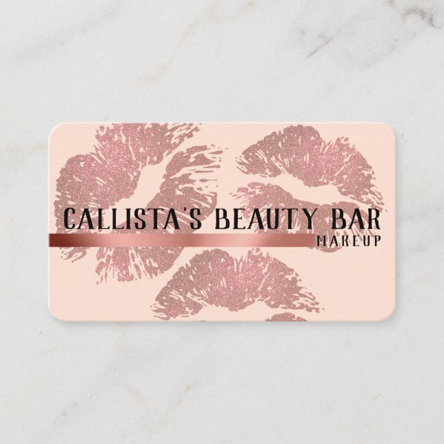 Chic Sparkly Rose Gold Glitter Lips Makeup Artist Business Card (Front)
