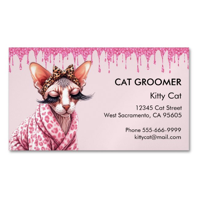 Chic Sphynx Cat Service Pink Glitter Dripping Magnetic Business Card (Front)