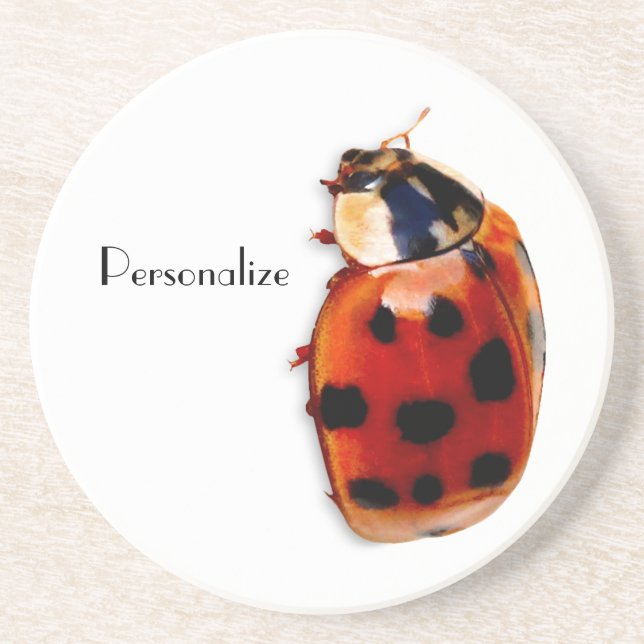 Chic Spotted Ladybug With Name Coaster (Front)
