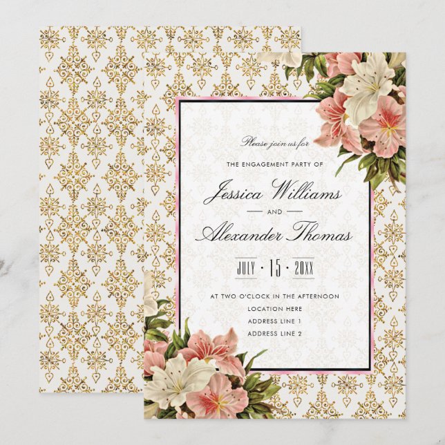 Chic Spring Bouquets & Gold Glitters Engagement Invitation (Front/Back)