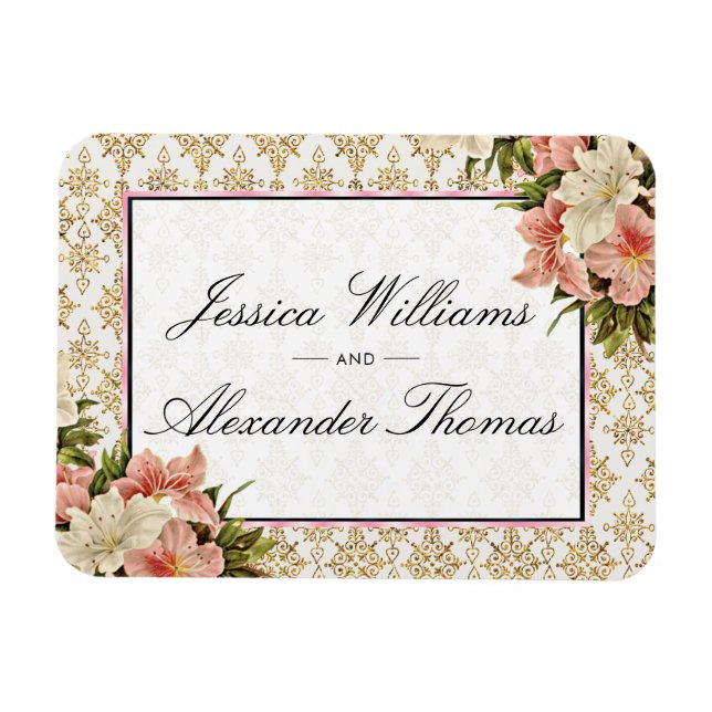 Chic Spring Bouquets & Gold Glitters Wedding Magnet (Horizontal)