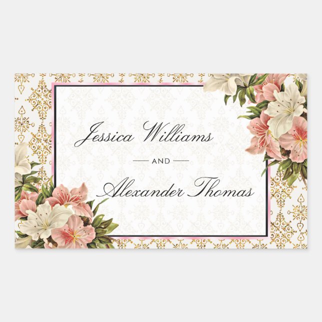 Chic Spring Bouquets & Gold Glitters Wedding Rectangular Sticker (Front)