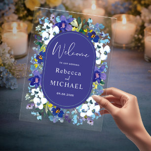 Chic spring dusty blue dark purple floral wedding acrylic invitations