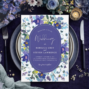 Chic spring dusty blue dark purple floral wedding invitation