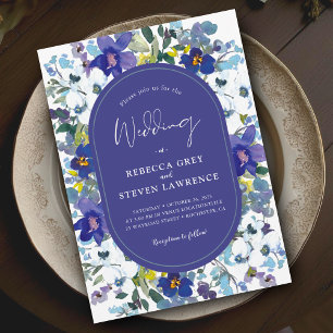 Chic spring dusty blue dark purple floral wedding invitation