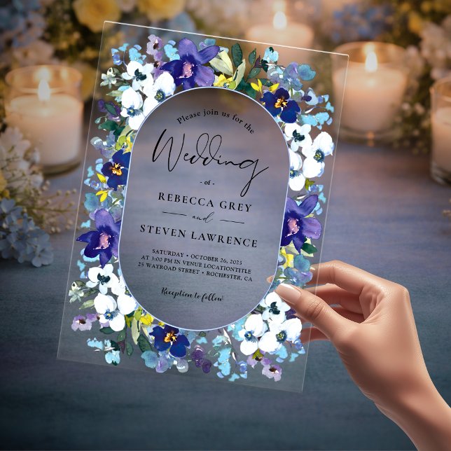 Chic spring dusty blue purple floral wedding acrylic invitations (Creator Uploaded)