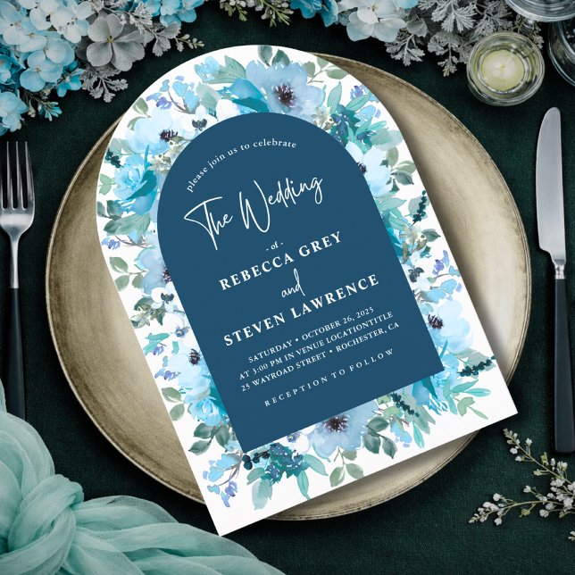 Chic spring dusty blue white florals wedding arch invitation (Creator Uploaded)