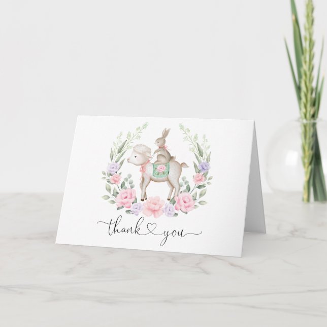 Chic Spring Floral Bunny Rabbit & Lamb Thank You  Card (Front)