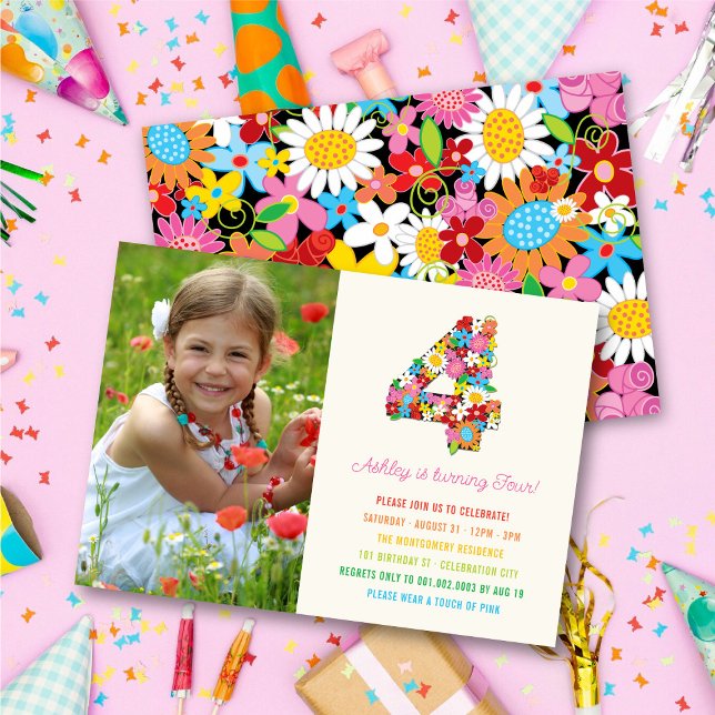 Chic Spring Flowers Garden Photo Girl 4th Birthday Invitation (Chic Colorful Whimsical Spring Flowers Garden Photo Girl 4th Birthday Party Invitation @ fatfatin)