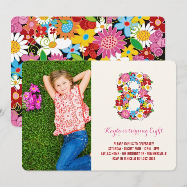 Chic Spring Flowers Girl 8th Birthday Photo Invite (Front/Back)