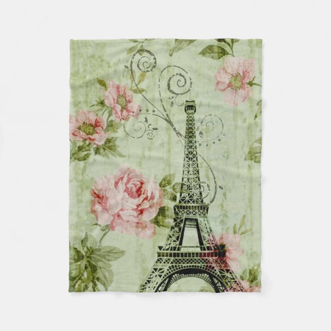 chic spring mint pink floral paris eiffel tower fleece blanket (Front)