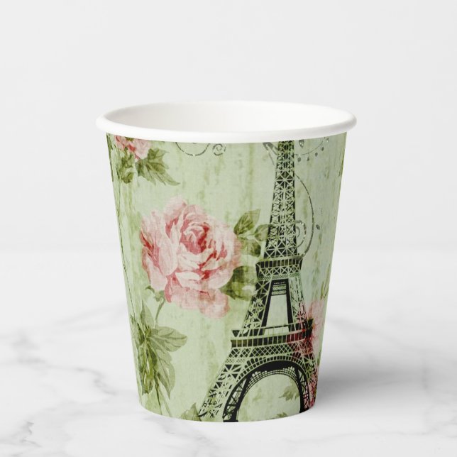 chic spring mint pink floral paris eiffel tower paper cups (Front)