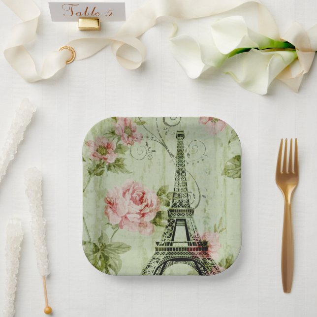 chic spring mint pink floral paris eiffel tower paper plate (Wedding)