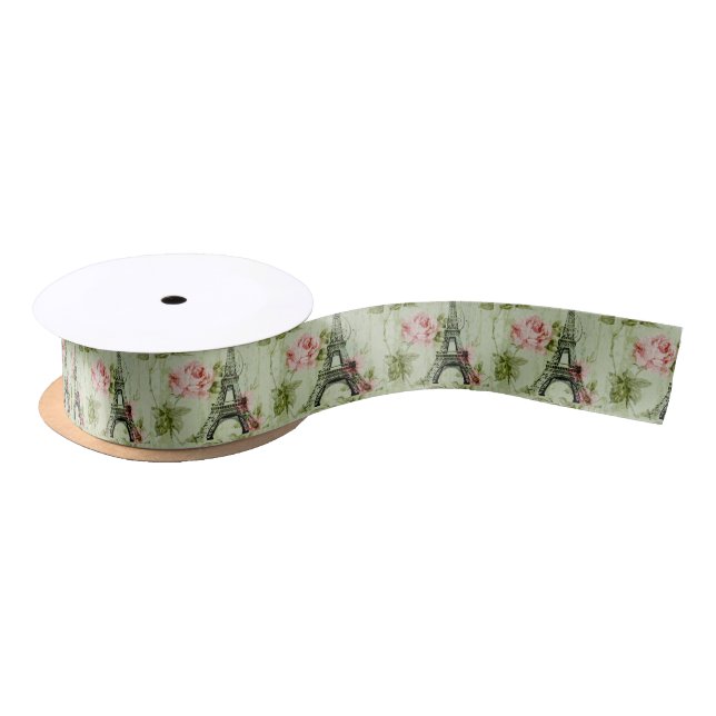 chic spring mint pink floral paris eiffel tower satin ribbon (Spool)