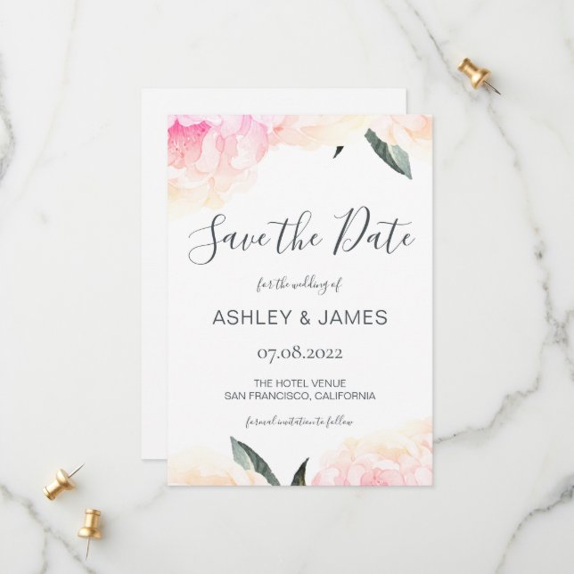 Chic Spring Pink Peony Calligraphy Save the Date (Front/Back In Situ)