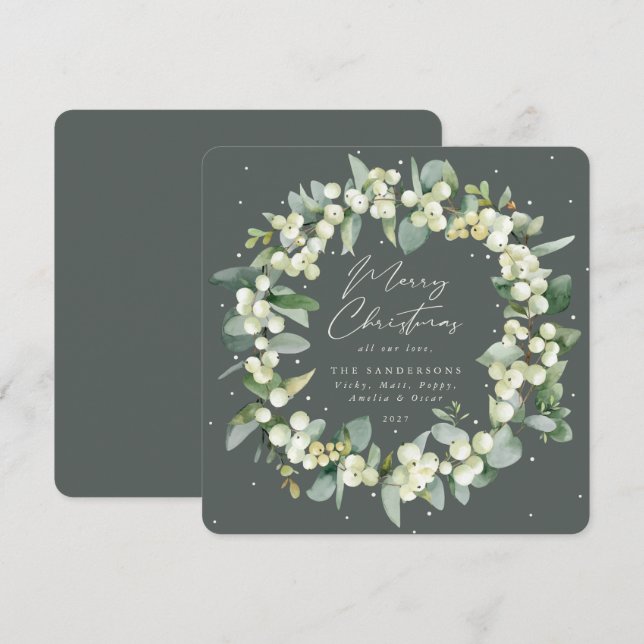 Chic Square Snowberry+Eucalyptus Christmas Wreath Holiday Card (Front/Back)