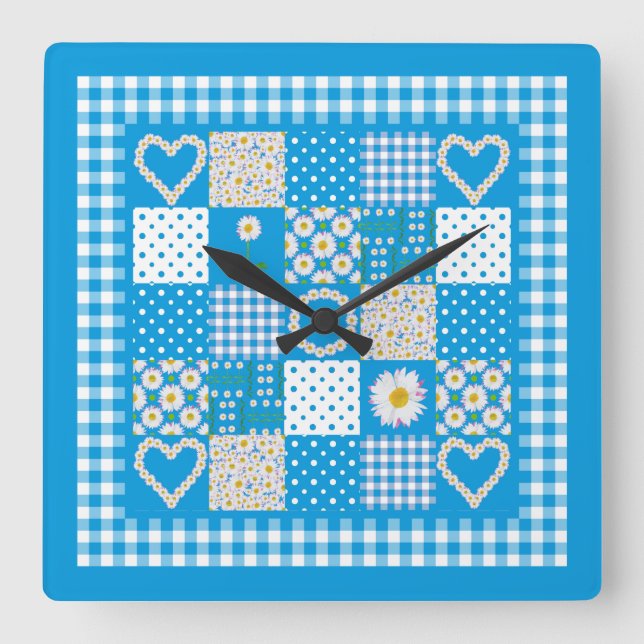 Chic Square Wall Clock: Daisychains Faux Patchwork Clock (Front)