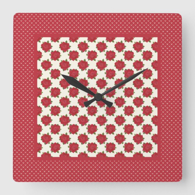 Chic Square Wall Clock: Deep Red Roses Square Wall Clock (Front)
