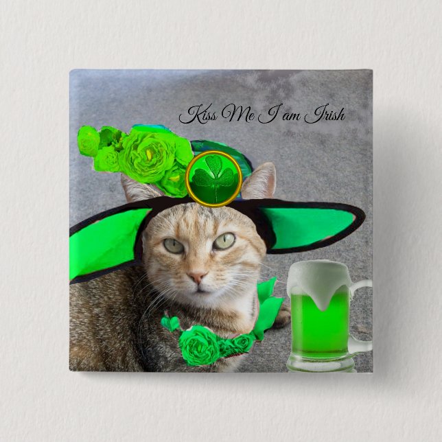 CHIC ST.PATRICK'S DAY CAT,GREEN ROSES,IRISH BEER 15 CM SQUARE BADGE (Front)