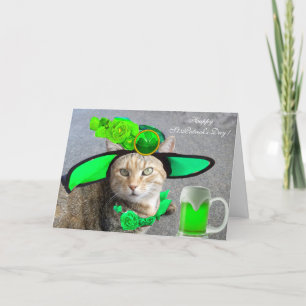 CHIC ST.PATRICK'S DAY CAT,GREEN ROSES,IRISH BEER CARD