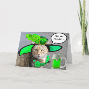CHIC ST.PATRICK'S DAY CAT,GREEN ROSES,IRISH BEER CARD