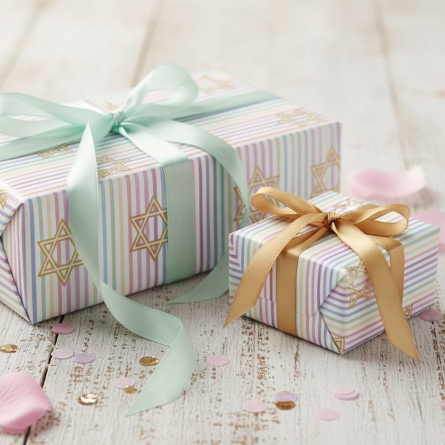 Chic Star of David Rainbow Striped Pattern Wrapping Paper (Adorable Star of David Wrapping Paper for Her. Cute Girly Rainbow Multicolored Striped Pattern)