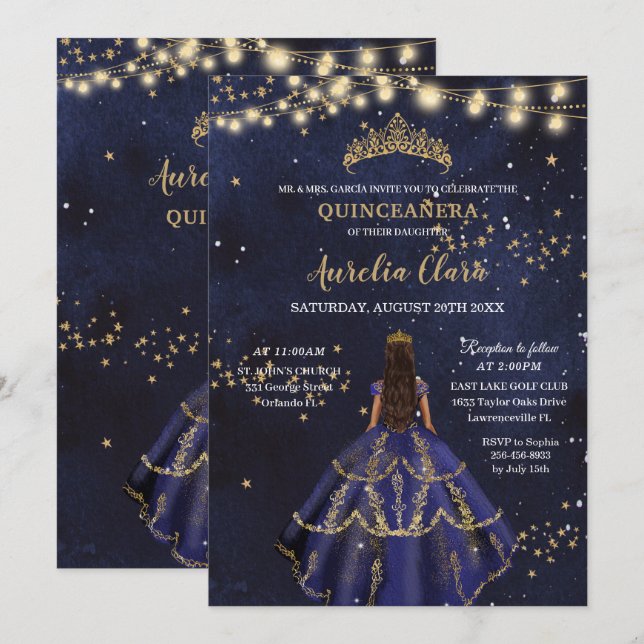 Chic Starry Night Navy Blue Dress Gold Quinceañera Invitation (Front/Back)