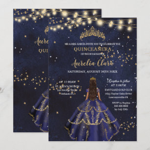 Chic Starry Night Navy Blue Dress Gold Quinceañera Invitation