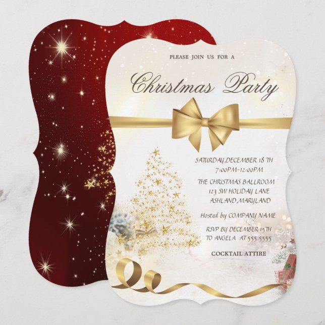Chic Stars Christmas Tree ,Bow,Red,Christmas Party Invitation (Front/Back)