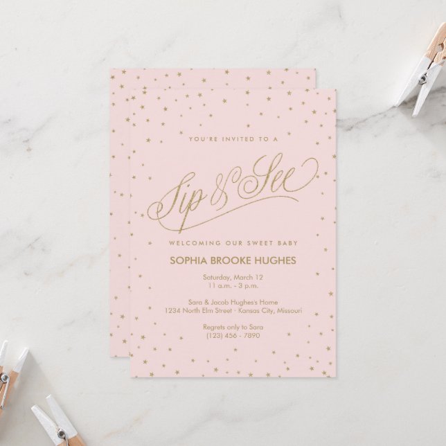 Chic Stars Pink Baby Girl Sip and See Shower Invitation (Front/Back In Situ)
