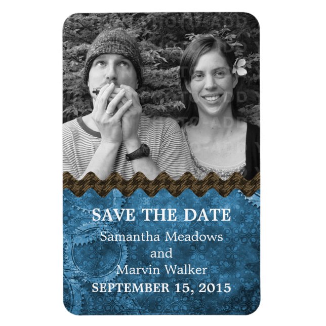 Chic Steampunk Photo Save the Date Magnet, Blue Magnet (Vertical)
