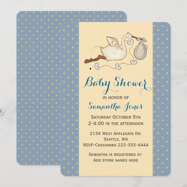 Chic Stork Baby Boy Shower Invitation (Front/Back)
