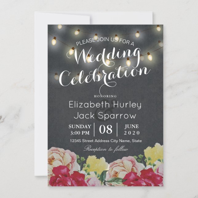 Chic String Lights Floral Black Grunge Wedding Invitation (Front)