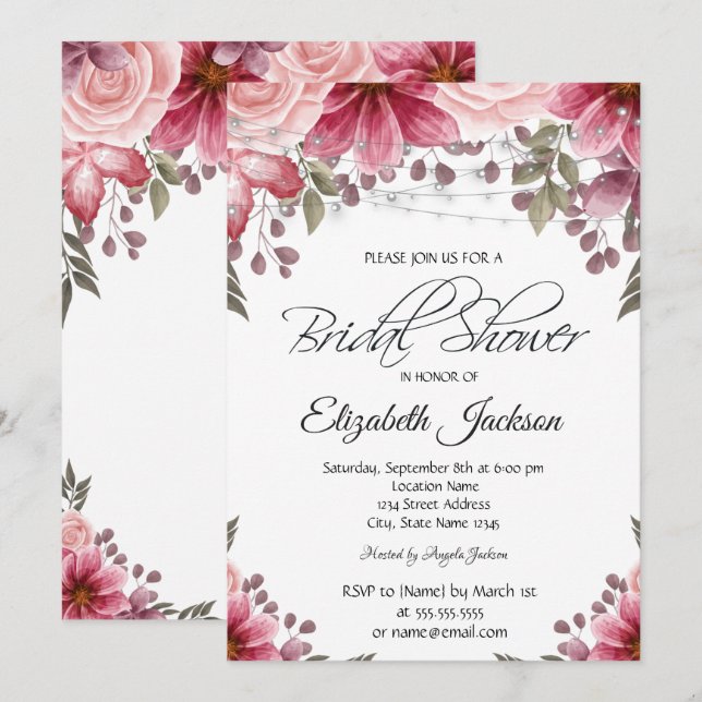 Chic String Lights Floral Bridal Shower Invitation (Front/Back)
