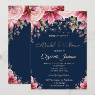 Chic String Lights Floral Navy Blue Bridal Shower Invitation