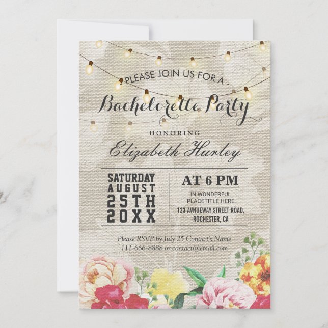 Chic String Lights Linen Floral Bachelorette Party Invitation (Front)