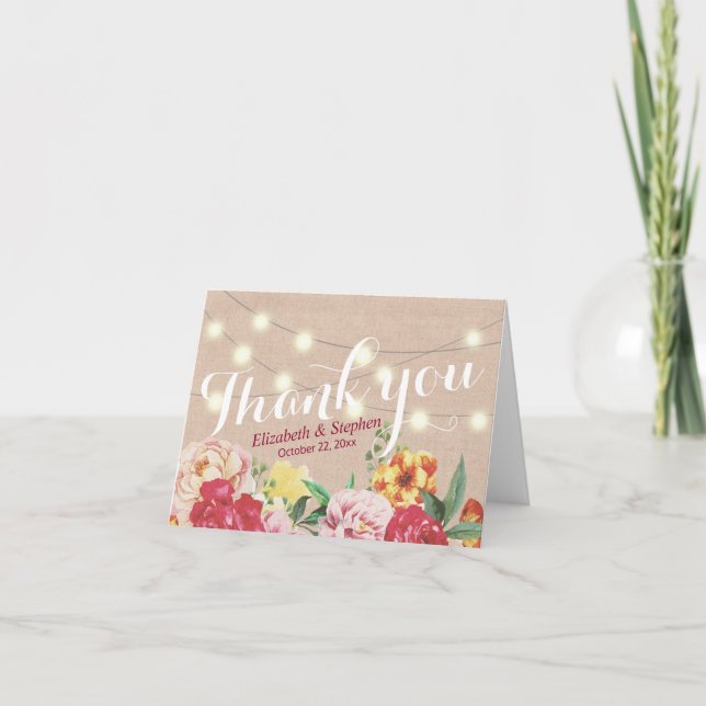 Chic String Lights Linen Floral Wedding Thank You (Front)