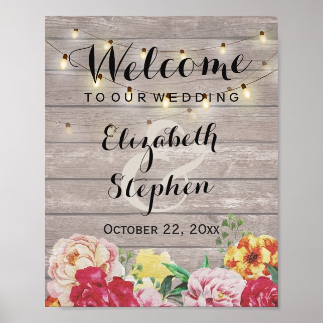 Chic String Lights Rustic Wood Floral Wedding Sign (Front)
