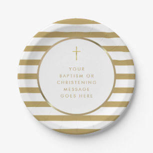 Chic Stripe Gold Cross Baptism Christening Message Paper Plate