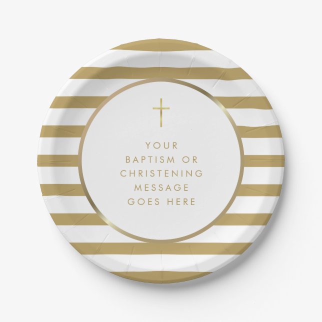 Chic Stripe Gold Cross Baptism Christening Message Paper Plate (Front)