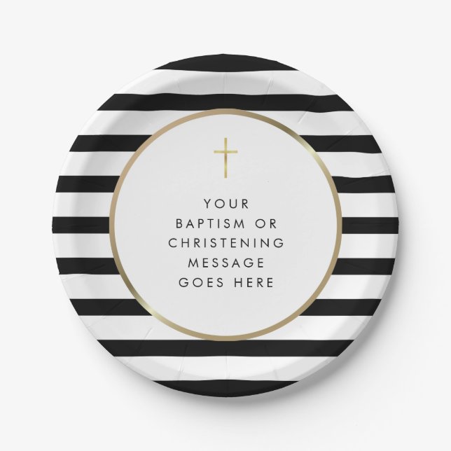 Chic Stripe Gold Cross Baptism Christening Message Paper Plate (Front)