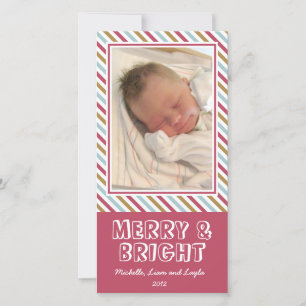 Chic stripe merry bright Christmas family photo Holiday Card
