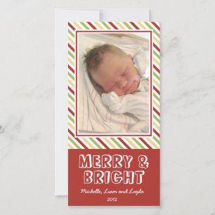 Chic stripe merry bright Christmas family photo Holiday Card