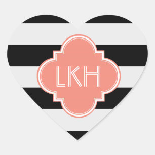 Chic Stripe & Three Monogram Heart Sticker