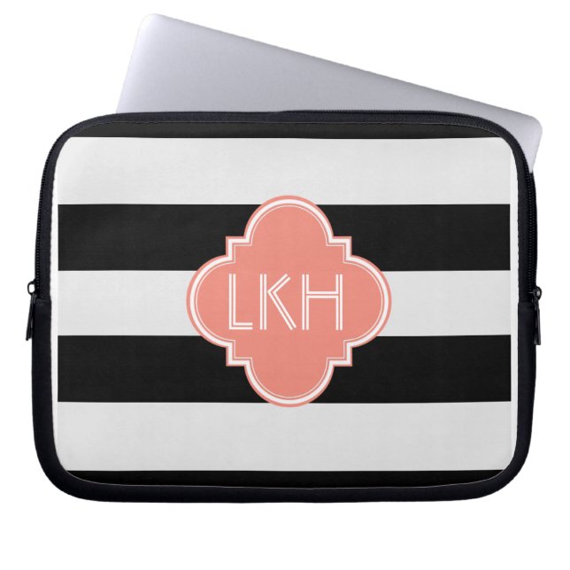 Chic Stripe & Three Monogram Laptop Sleeve (Front)