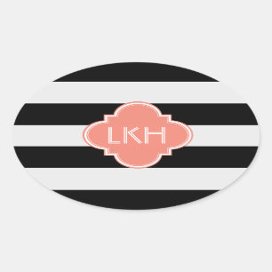 Chic Stripe & Three Monogram Oval Sticker