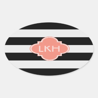 Chic Stripe & Three Monogram Oval Sticker