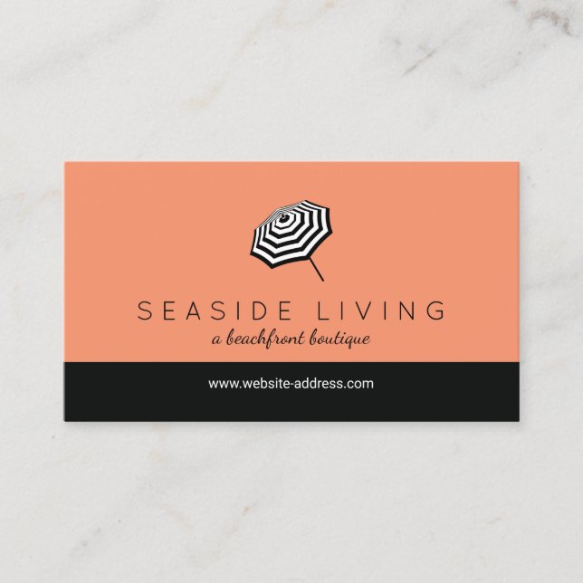 Chic Striped Beach Umbrella Logo Coral Business Card (Front)