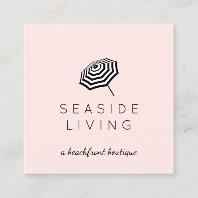 Chic Striped Beach Umbrella Logo Pink Square Business Card (Front)
