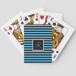 Chic Striped Blue and Black Custom Initial Letter Playing Cards